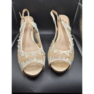 Gold & Rhinestone Champagne Embellished Lady Couture Slingback Heels Size 41